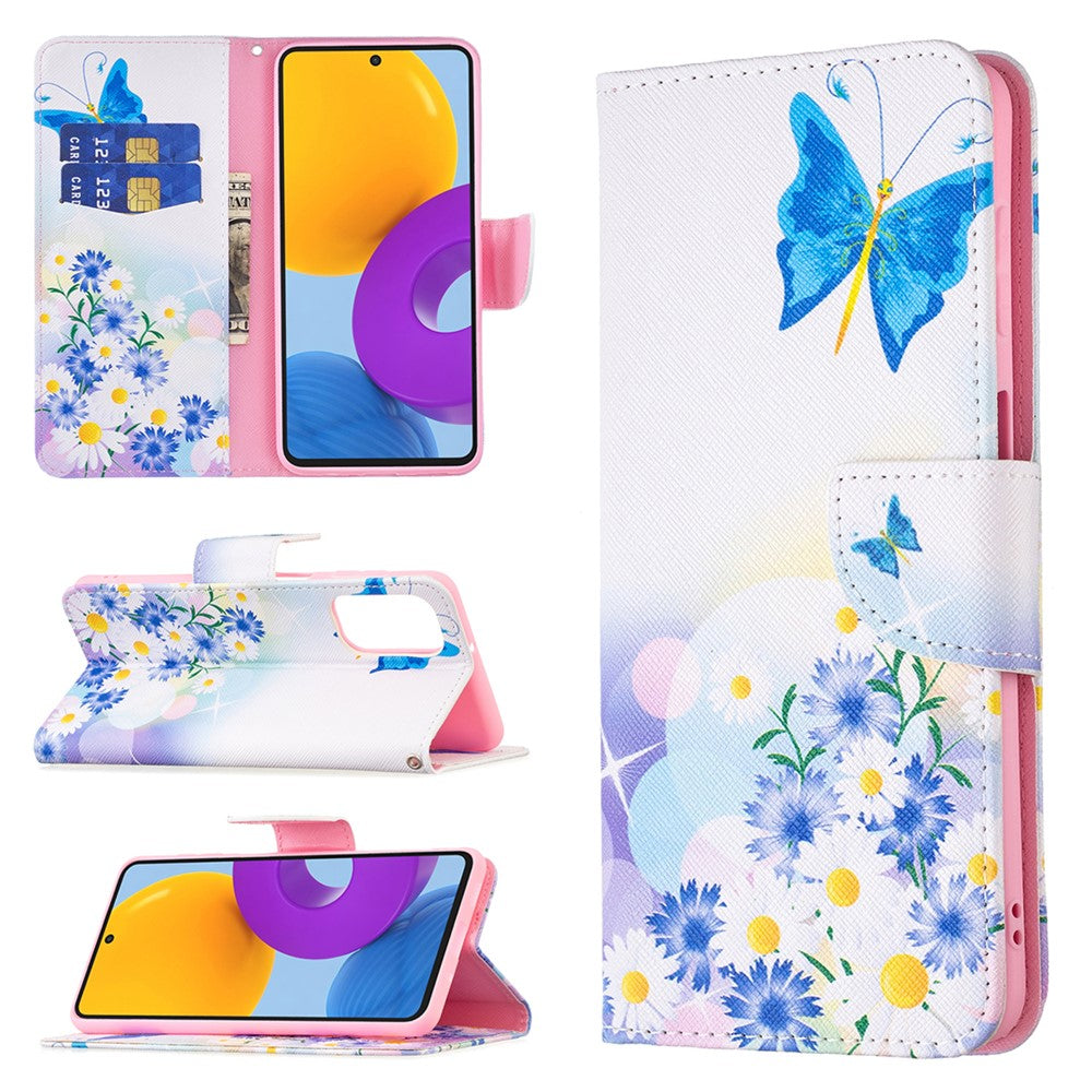 Pattern Printing PU Leather Folio Flip Stand Wallet Cover Anti-Fall Phone Case Shell for Samsung Galaxy M52 5G - Butterfly and Flowers
