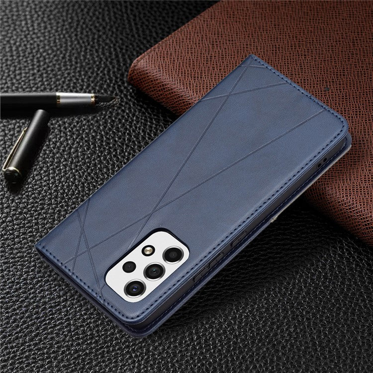 Fully-wrapped Rhombus-like Imprinted Magnetic Closure Card Slots Design Leather Phone Case with Stand for Samsung Galaxy A53 5G - Blue