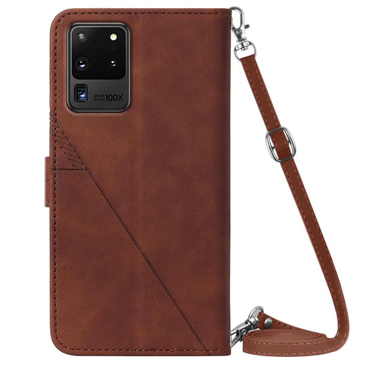 PB2-1 Series Fashionable PU Leather Supporting Stand Wallet Phone Cover Mobile Phone Case with Shoulder Strap for Samsung Galaxy S20 Ultra - Brown