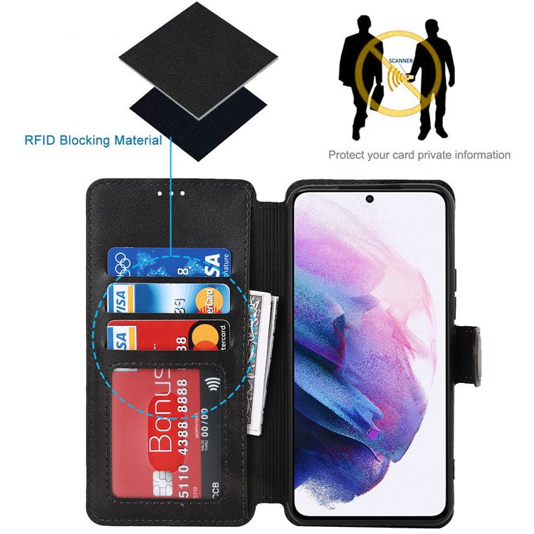 Vintage Texture Matte PU Leather Folio Flip Stand Case RFID Blocking Magnetic Wallet Cover for Samsung Galaxy S22 5G - Black