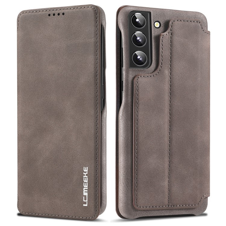 LC.IMEEKE Card Slot PU Leather + PC Full Protection Stand Phone Case Shell for Samsung Galaxy S22 5G - Coffee