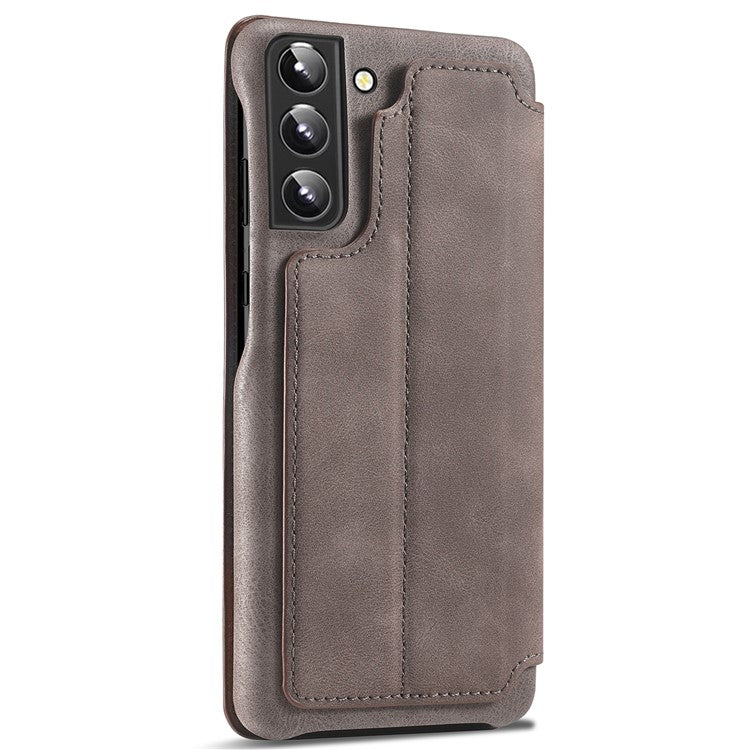LC.IMEEKE Card Slot PU Leather + PC Full Protection Stand Phone Case Shell for Samsung Galaxy S22 5G - Coffee