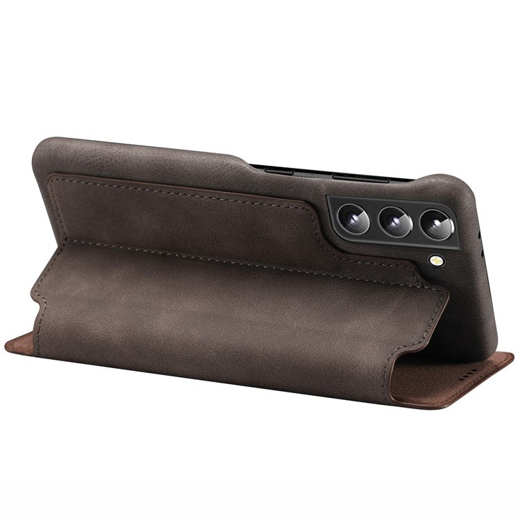 LC.IMEEKE Card Slot PU Leather + PC Full Protection Stand Phone Case Shell for Samsung Galaxy S22 5G - Coffee