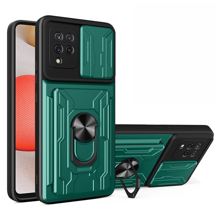 Card Holder PC + TPU Impact-Resistant Slide Lens Protection Case with Car Mount Kickstand for Samsung Galaxy A42 5G - Blackish Green