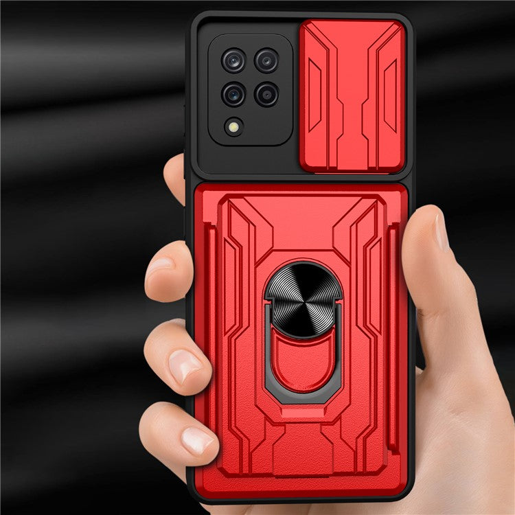 Card Holder PC + TPU Impact-Resistant Slide Lens Protection Case with Car Mount Kickstand for Samsung Galaxy A42 5G - Blackish Green