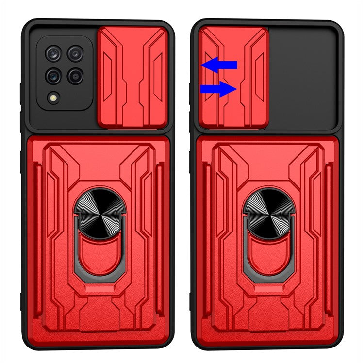 Card Holder PC + TPU Impact-Resistant Slide Lens Protection Case with Car Mount Kickstand for Samsung Galaxy A42 5G - Blackish Green