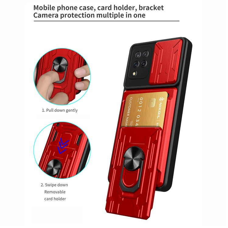 Card Holder PC + TPU Impact-Resistant Slide Lens Protection Case with Car Mount Kickstand for Samsung Galaxy A42 5G - Blackish Green