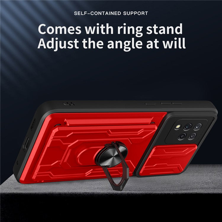 Card Holder PC + TPU Impact-Resistant Slide Lens Protection Case with Car Mount Kickstand for Samsung Galaxy A42 5G - Blackish Green