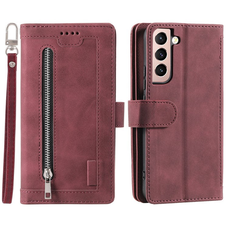 Shockproof Mobile Phone Wallet Phone Case Zipper Pocket Stand Phone Cover with Carrying Strap for Samsung Galaxy S22 5G - Wine Red