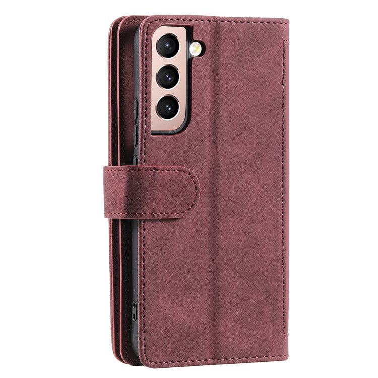 Shockproof Mobile Phone Wallet Phone Case Zipper Pocket Stand Phone Cover with Carrying Strap for Samsung Galaxy S22 5G - Wine Red