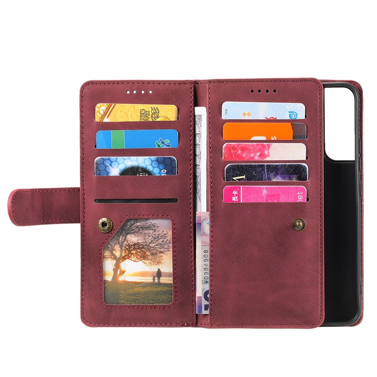 Shockproof Mobile Phone Wallet Phone Case Zipper Pocket Stand Phone Cover with Carrying Strap for Samsung Galaxy S22 5G - Wine Red