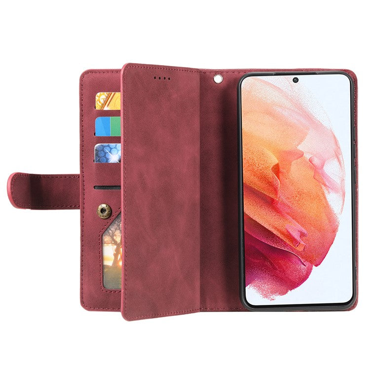 Shockproof Mobile Phone Wallet Phone Case Zipper Pocket Stand Phone Cover with Carrying Strap for Samsung Galaxy S22 5G - Wine Red