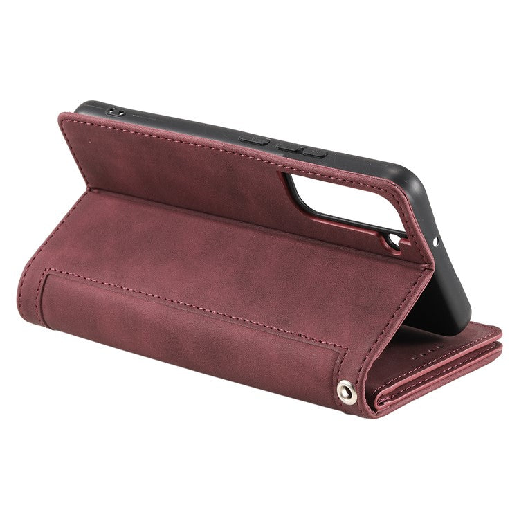Shockproof Mobile Phone Wallet Phone Case Zipper Pocket Stand Phone Cover with Carrying Strap for Samsung Galaxy S22 5G - Wine Red