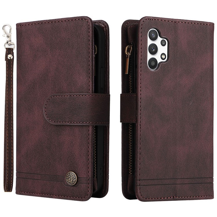 Stripes Imprinted Skin-touch Wallet Stand Leather Cover with Tree Pattern Hardware Card Slots Zipper Pocket Phone Case for Samsung Galaxy A32 4G (EU Version) - Brown