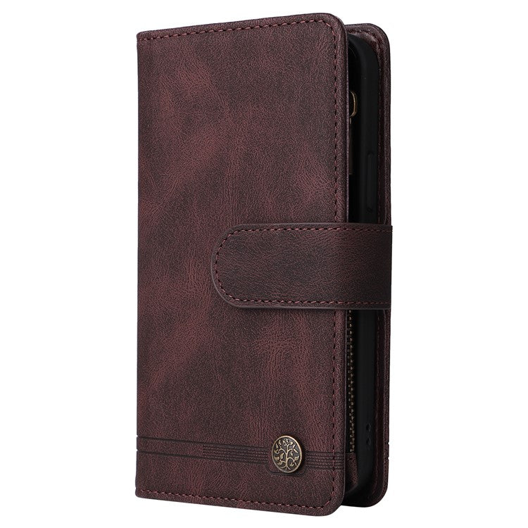 Stripes Imprinted Skin-touch Wallet Stand Leather Cover with Tree Pattern Hardware Card Slots Zipper Pocket Phone Case for Samsung Galaxy A32 4G (EU Version) - Brown