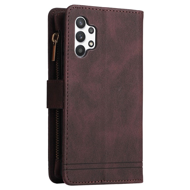 Stripes Imprinted Skin-touch Wallet Stand Leather Cover with Tree Pattern Hardware Card Slots Zipper Pocket Phone Case for Samsung Galaxy A32 4G (EU Version) - Brown