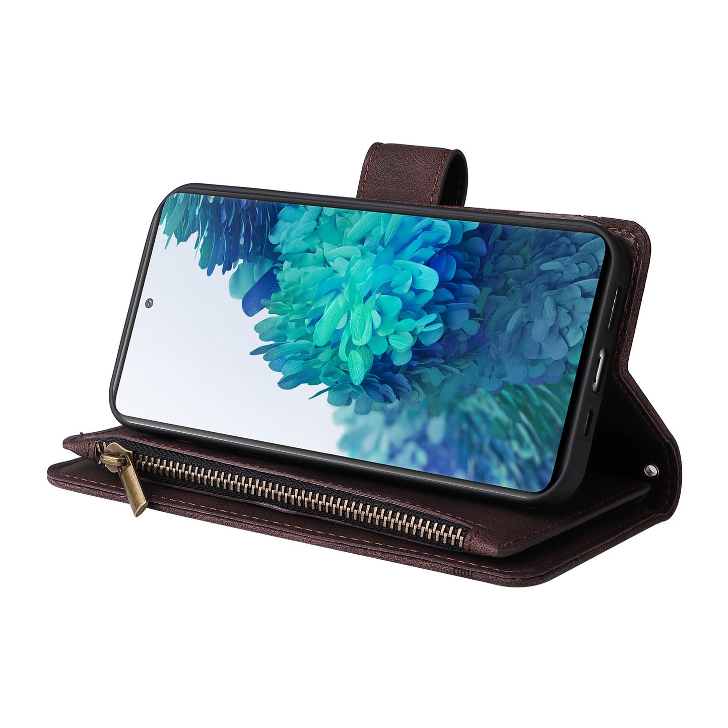 Full Protection Stripes Imprinted Skin-touch Wallet Stand Leather Cover Card Slots Phone Case with Zipper Pocket for Samsung Galaxy S20 FE 2022/S20 FE/S20 FE 5G/S20 Lite - Brown