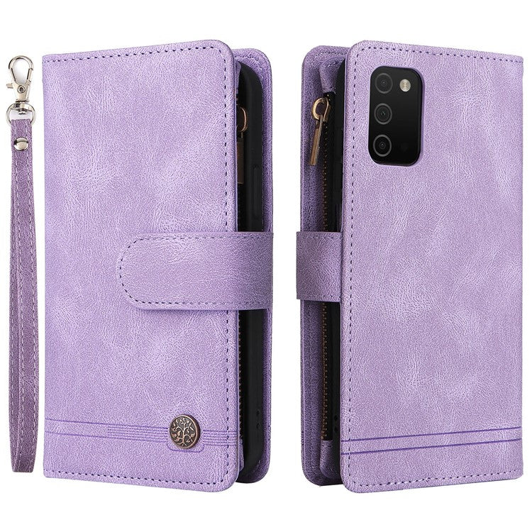 Imprinting Stripes Zipper Pocket Multiple Card Slots Leather Cover Phone Case with Stand Wallet for Samsung Galaxy A03s (166.5 x 75.98 x 9.14mm) - Purple