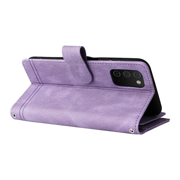 Imprinting Stripes Zipper Pocket Multiple Card Slots Leather Cover Phone Case with Stand Wallet for Samsung Galaxy A03s (166.5 x 75.98 x 9.14mm) - Purple