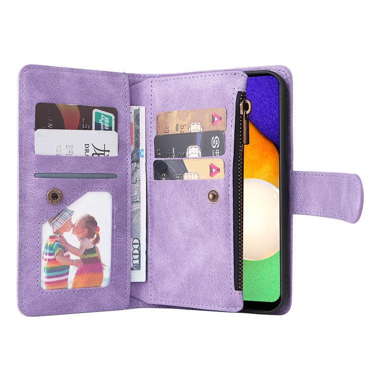Imprinting Stripes Zipper Pocket Multiple Card Slots Leather Cover Phone Case with Stand Wallet for Samsung Galaxy A03s (166.5 x 75.98 x 9.14mm) - Purple