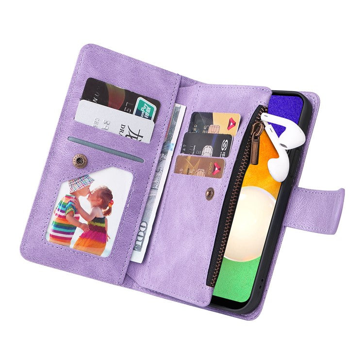 Imprinting Stripes Zipper Pocket Multiple Card Slots Leather Cover Phone Case with Stand Wallet for Samsung Galaxy A03s (166.5 x 75.98 x 9.14mm) - Purple