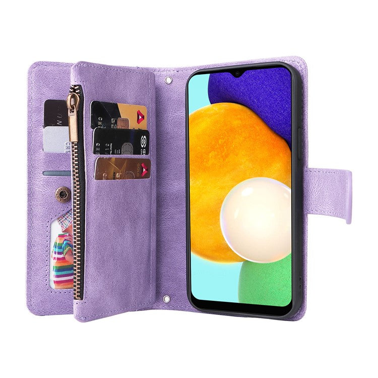 Imprinting Stripes Zipper Pocket Multiple Card Slots Leather Cover Phone Case with Stand Wallet for Samsung Galaxy A03s (166.5 x 75.98 x 9.14mm) - Purple
