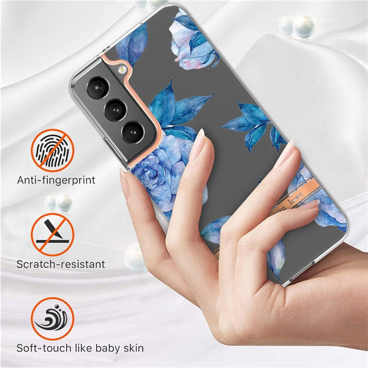 LB5 Series Electroplating IMD IML TPU Case Transparent Base Flower Patterns Phone Cover for Samsung Galaxy S22 5G - HC003 Blue Peony
