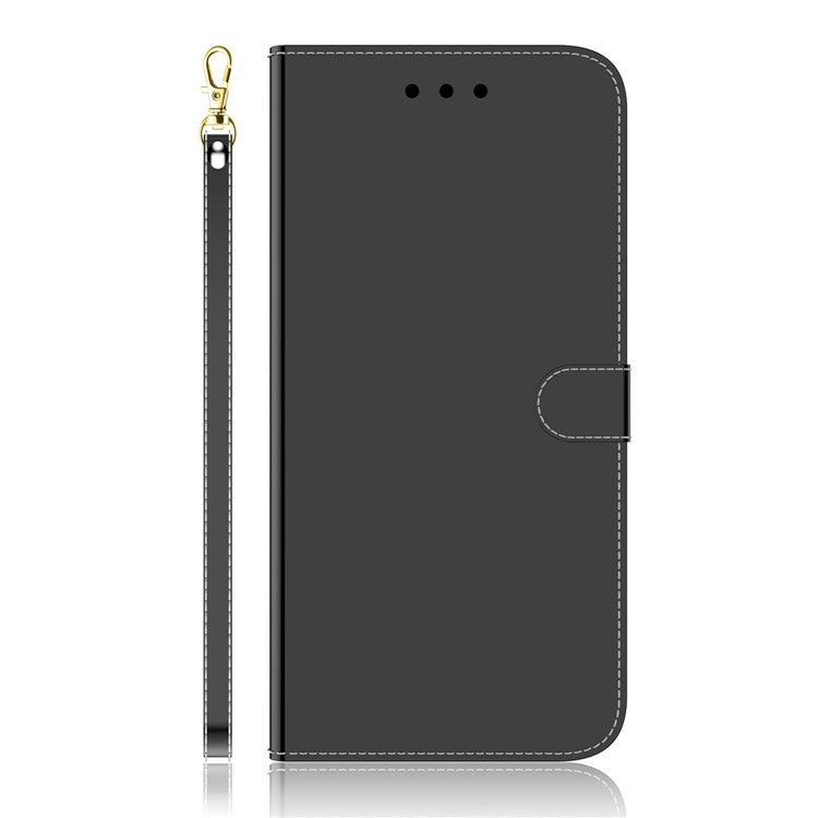 For Samsung Galaxy A03 (166.5 x 75.98 x 9.14mm) Wrist Strap Magnetic Closure Mirror-like Surface Cover PU Leather + TPU Foldable Stand Phone Case with Wallet - Black