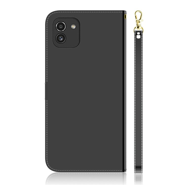 For Samsung Galaxy A03 (166.5 x 75.98 x 9.14mm) Wrist Strap Magnetic Closure Mirror-like Surface Cover PU Leather + TPU Foldable Stand Phone Case with Wallet - Black