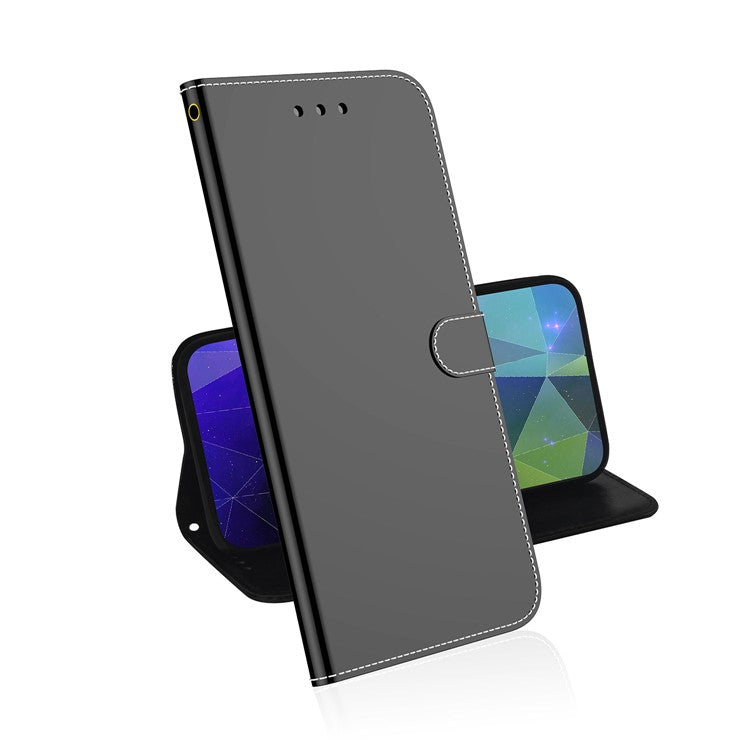 For Samsung Galaxy A03 (166.5 x 75.98 x 9.14mm) Wrist Strap Magnetic Closure Mirror-like Surface Cover PU Leather + TPU Foldable Stand Phone Case with Wallet - Black