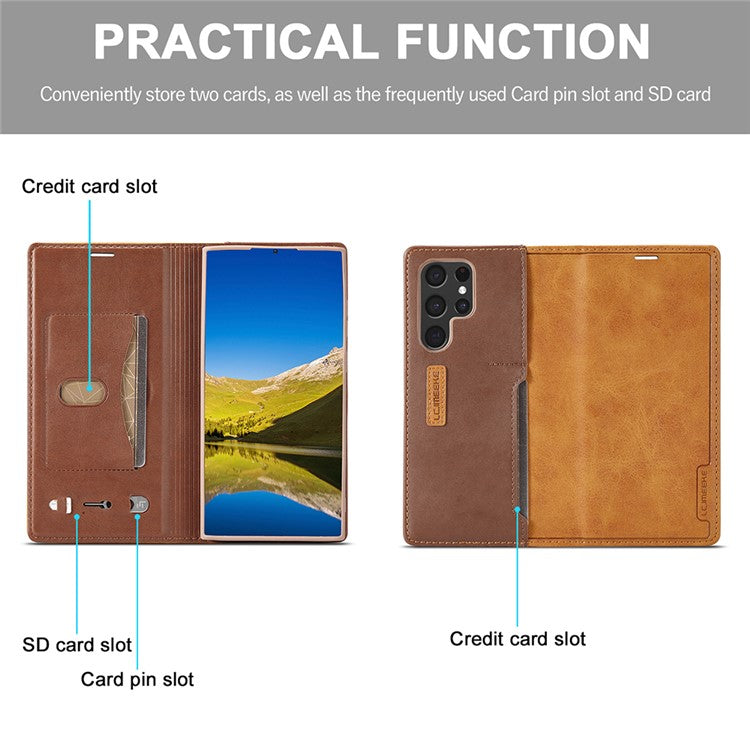 LC.IMEEKE LC-001 Series Color Splicing PU Leather + TPU Phone Case Cover with Card Holder for Samsung Galaxy S22 Ultra 5G - Brown