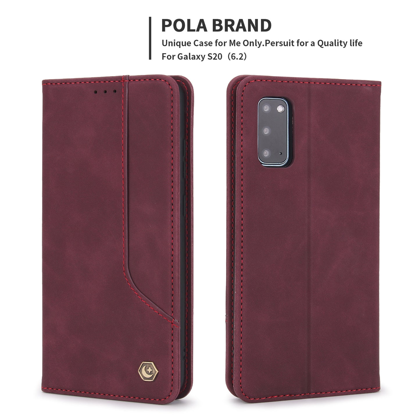 POLA 008 Series Retro Style PU Leather Foldable Wallet Cover Auto Closing Phone Case with Stand for Samsung Galaxy S20 4G/S20 5G - Wine Red