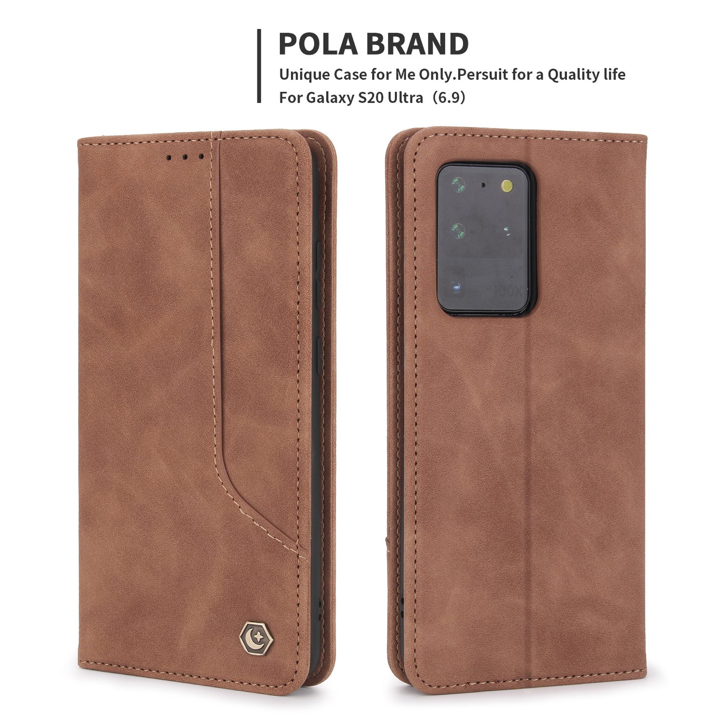 POLA 008 Series Retro Style PU Leather + TPU Folio Flip Shockproof Phone Cover with Stand Wallet for Samsung Galaxy S20 Ultra - Brown