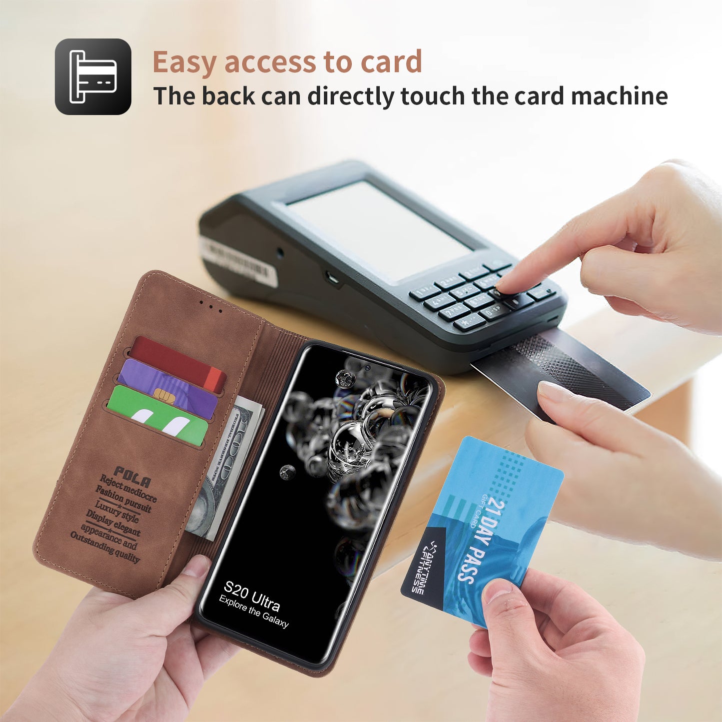 POLA 008 Series Retro Style PU Leather + TPU Folio Flip Shockproof Phone Cover with Stand Wallet for Samsung Galaxy S20 Ultra - Brown