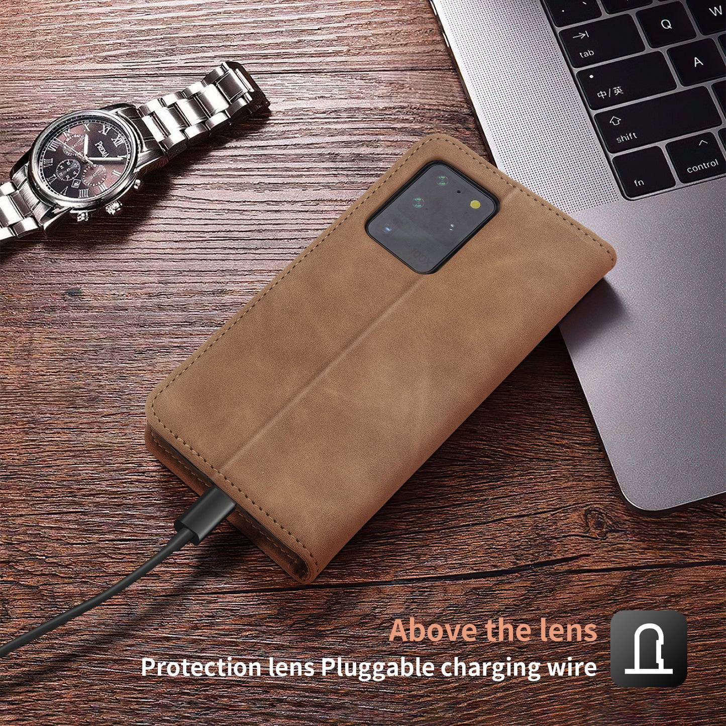 POLA 008 Series Retro Style PU Leather + TPU Folio Flip Shockproof Phone Cover with Stand Wallet for Samsung Galaxy S20 Ultra - Brown