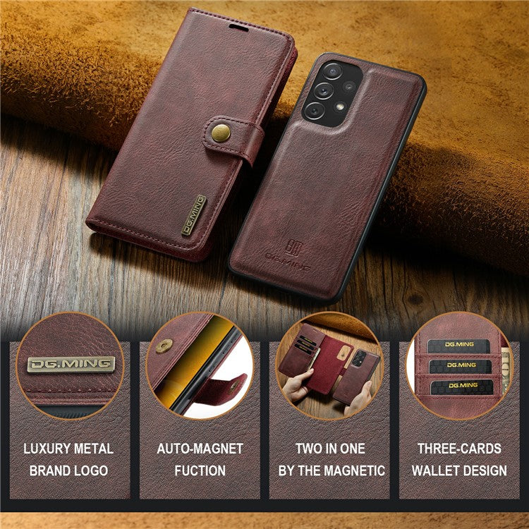 DG.MING Split Leather Wallet Phone Case Folio Flip Magnetic Detachable Stand Cover for Samsung Galaxy A73 5G - Red