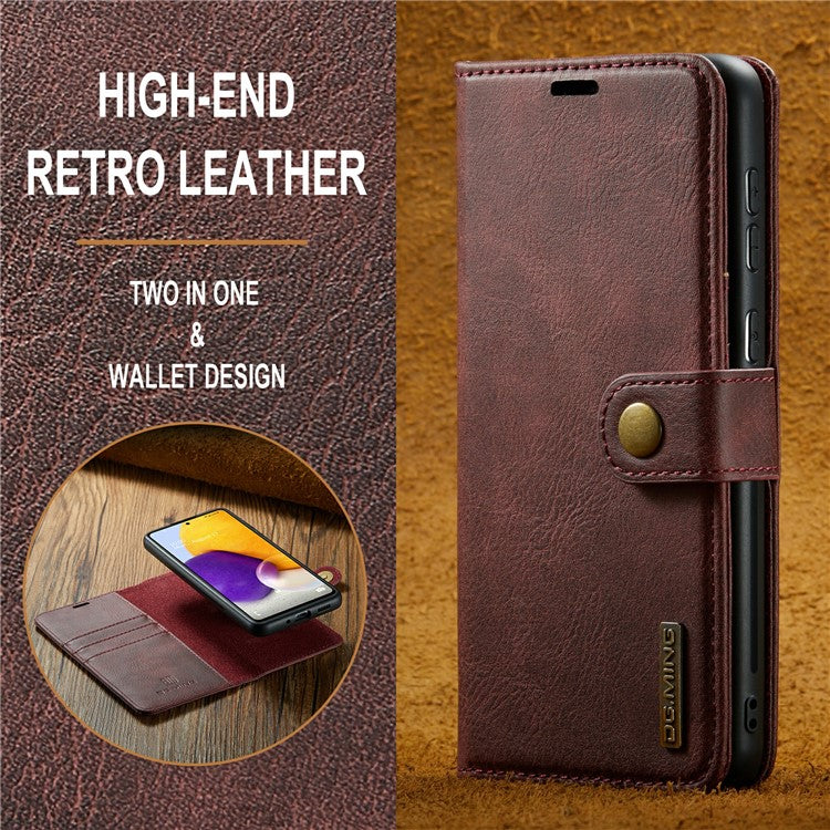 DG.MING Split Leather Wallet Phone Case Folio Flip Magnetic Detachable Stand Cover for Samsung Galaxy A73 5G - Red