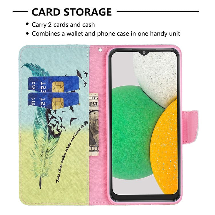 For Samsung Galaxy A03 Core Pattern Printing PU Leather Case Stand Wallet Magnetic Flip Cover - Feather and Birds