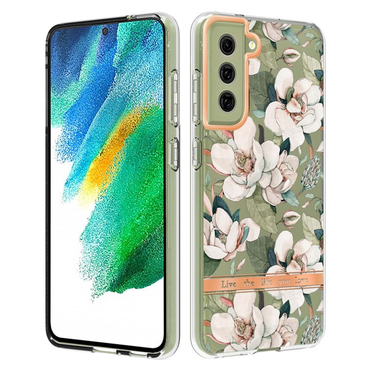 LB5 Series Flower Pattern TPU Case for Samsung Galaxy S21 FE 5G Electroplating IMD IML Mobile Phone Cover - HC001 Green Gardenia