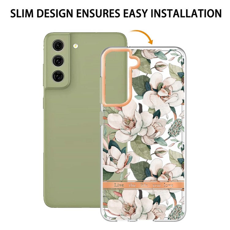 LB5 Series Flower Pattern TPU Case for Samsung Galaxy S21 FE 5G Electroplating IMD IML Mobile Phone Cover - HC001 Green Gardenia