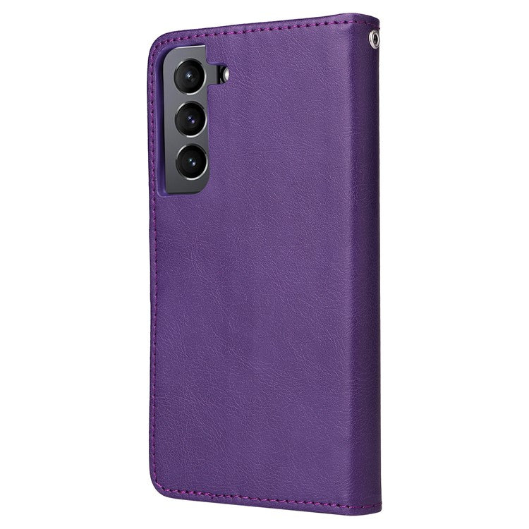For Samsung Galaxy S22 5G Detachable Leather Coated TPU Phone Case Foldable Stand Wallet Leather Cover with Strap - Purple