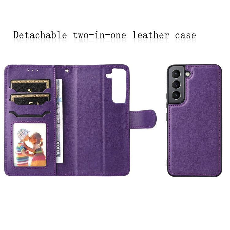 For Samsung Galaxy S22 5G Detachable Leather Coated TPU Phone Case Foldable Stand Wallet Leather Cover with Strap - Purple