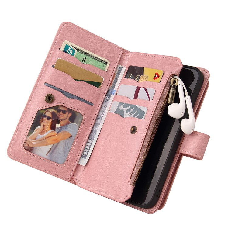 For Samsung Galaxy A13 4G Shockproof KT Multi-functional Series-2 Multiple Card Slots Skin-touch Feeling Wallet Design PU Leather Well-protected Zipper Phone Case with Stand - Pink