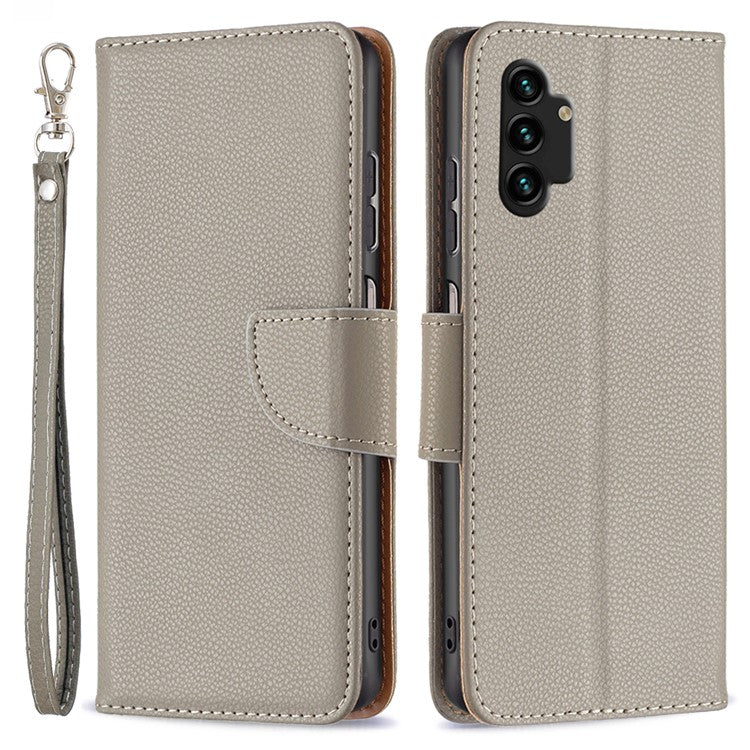 For Samsung Galaxy A13 4G / A13 5G / A04 4G (164.4 x 76.3 x 9.1 mm) Magnetic Closure Litchi Texture PU Leather Wallet Solid Color Cell Phone Cover with Strap - Grey
