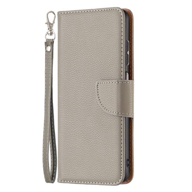 For Samsung Galaxy A13 4G / A13 5G / A04 4G (164.4 x 76.3 x 9.1 mm) Magnetic Closure Litchi Texture PU Leather Wallet Solid Color Cell Phone Cover with Strap - Grey