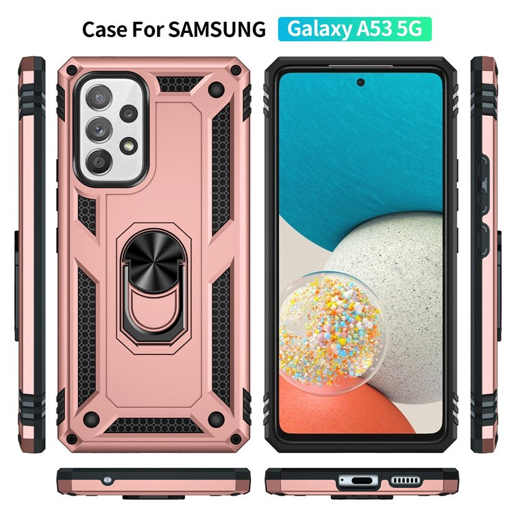 For Samsung Galaxy A53 5G PC + TPU Hybrid Phone Case with Ring Kickstand Built-in Magnetic Metal Plate - Rose Gold