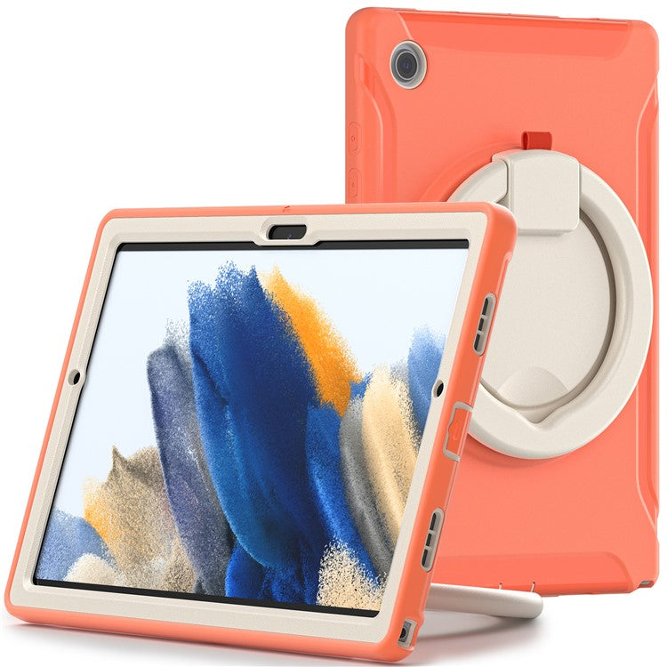 For Samsung Galaxy Tab A8 10.5 (2021) / A8 10.5 (2022) X200 / X205 360 Degree Rotary Kickstand Handle Tablet Case PC + TPU Hybrid Cover Shell - Coral Orange