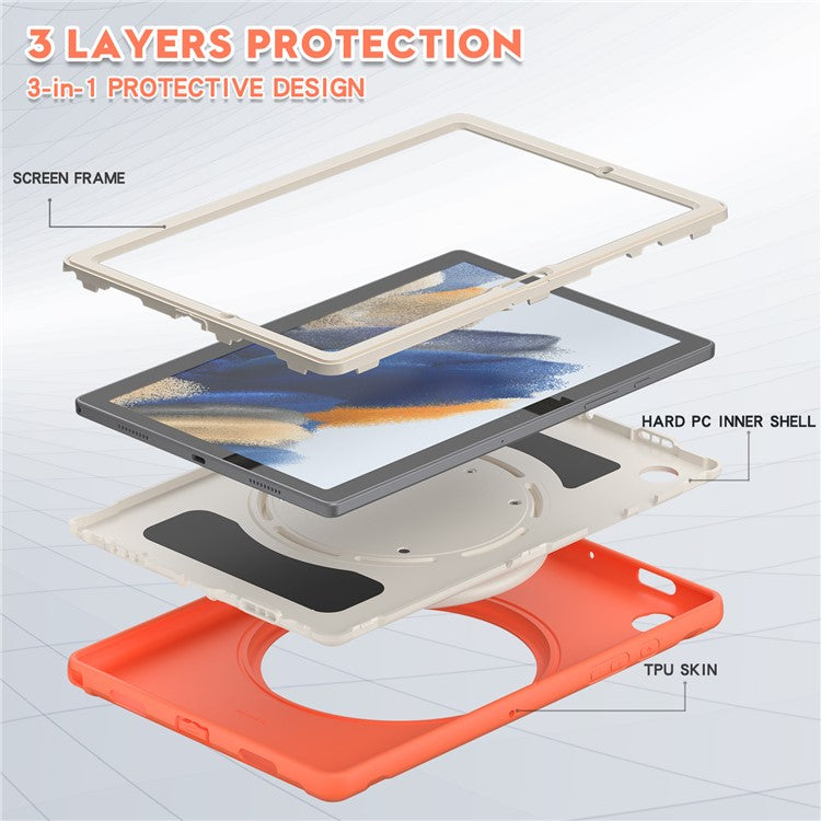 For Samsung Galaxy Tab A8 10.5 (2021) / A8 10.5 (2022) X200 / X205 360 Degree Rotary Kickstand Handle Tablet Case PC + TPU Hybrid Cover Shell - Coral Orange