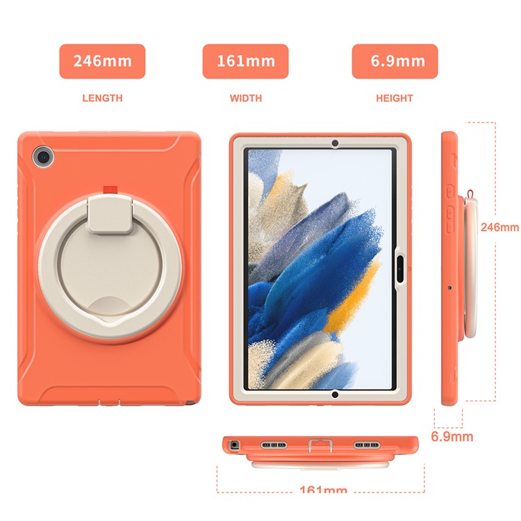 For Samsung Galaxy Tab A8 10.5 (2021) / A8 10.5 (2022) X200 / X205 360 Degree Rotary Kickstand Handle Tablet Case PC + TPU Hybrid Cover Shell - Coral Orange