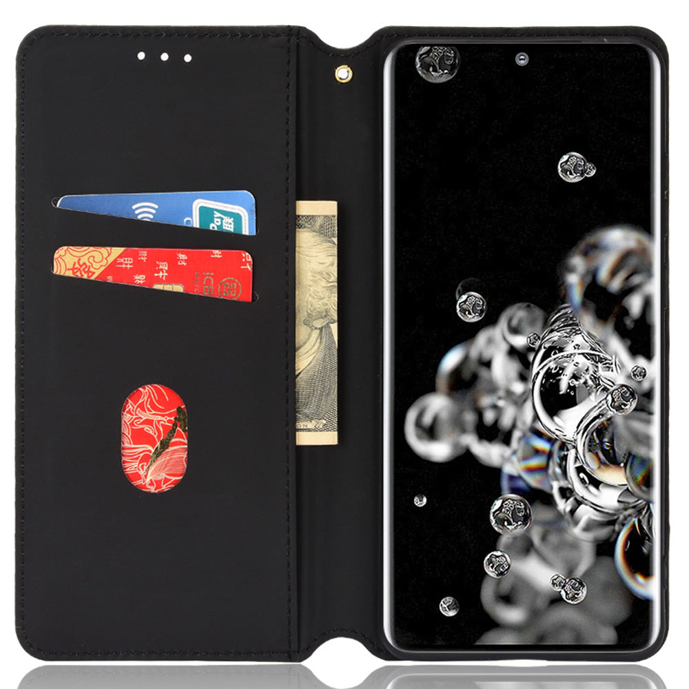 Leather Wallet Case for Samsung Galaxy S20 Ultra, Stand Feature Imprinted Rhombus Magnetic Absorption Flip Protective Cover - Black